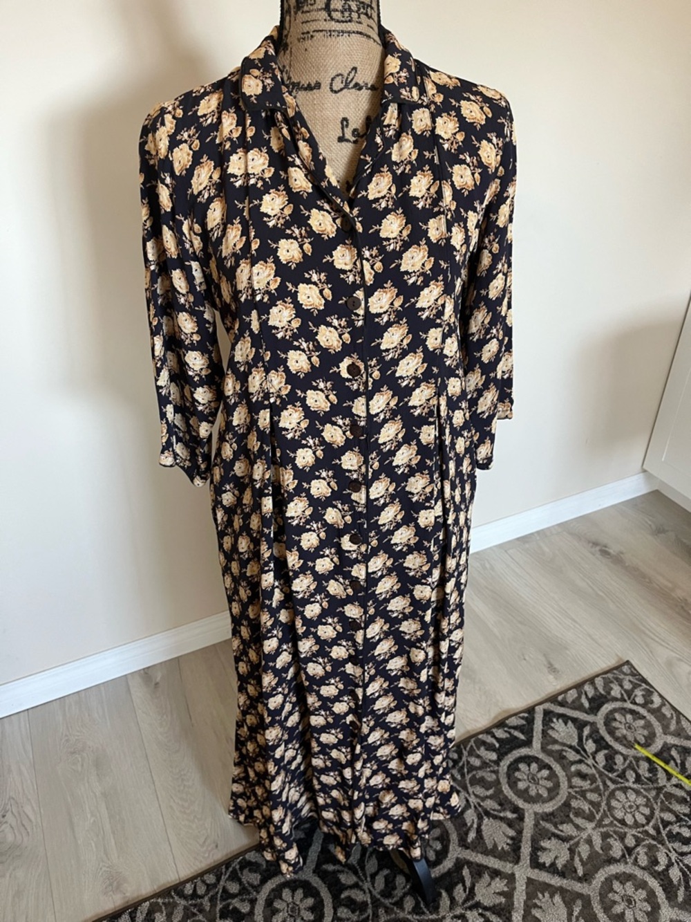 April Cornell Black Dress with Yellow Rose Print vintage Floral print size M